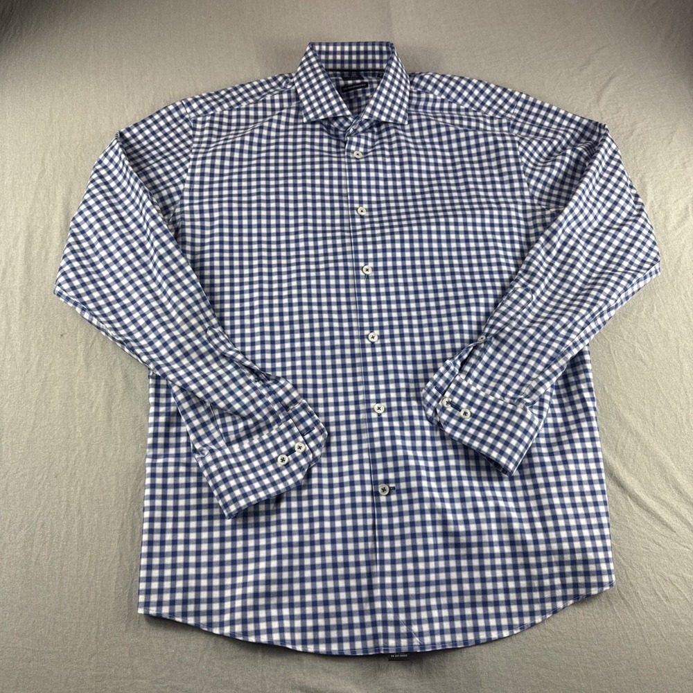 Serica Elite Dress Shirt Mens 17 Blue Plaid Non Iron Infroissable Long Sleeve